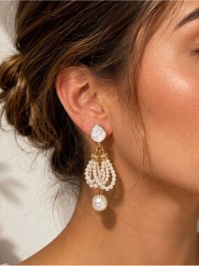 Gold and Pearl Cluster Drop Earrings